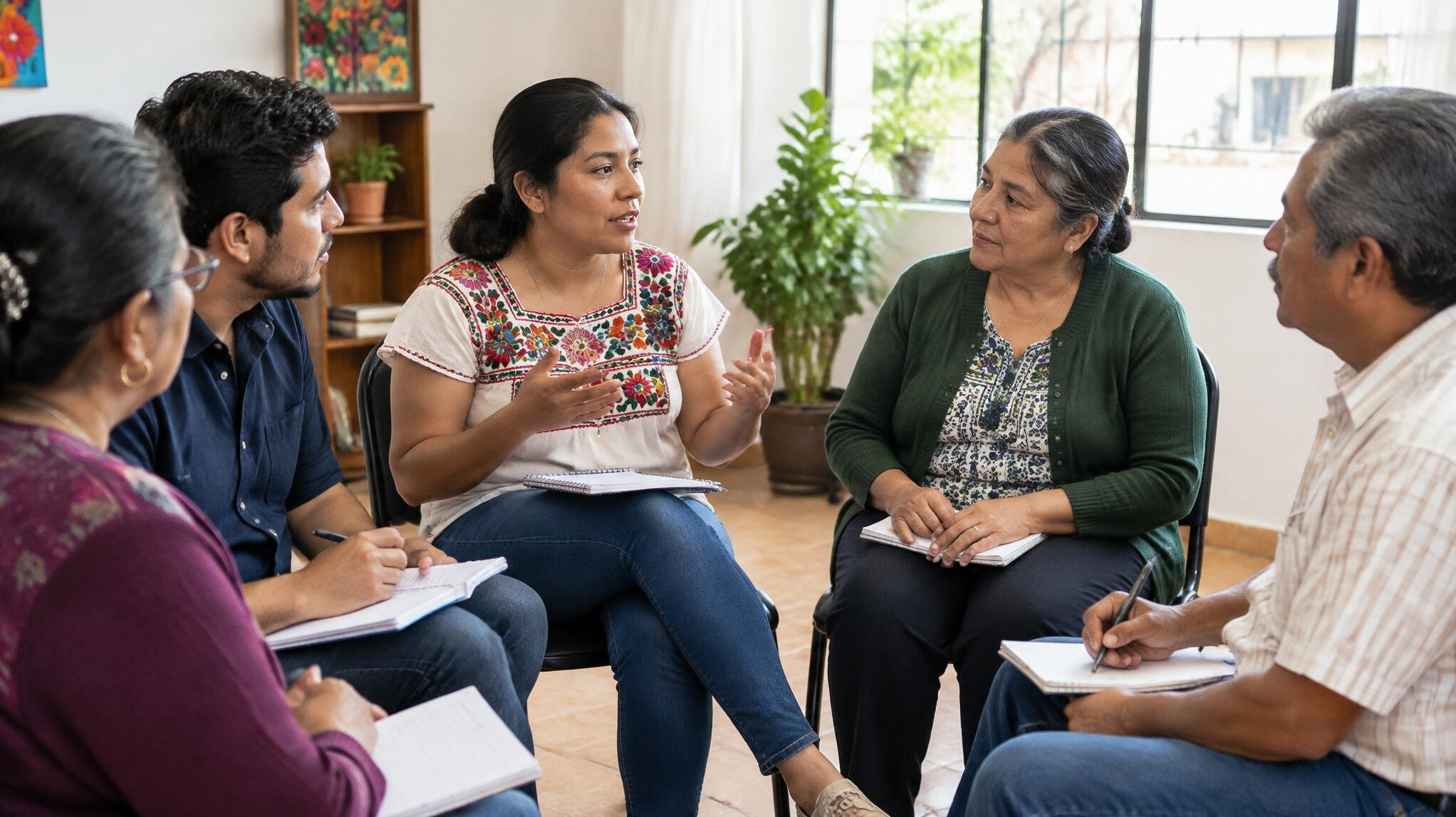 People collaborating in a discussion workshop