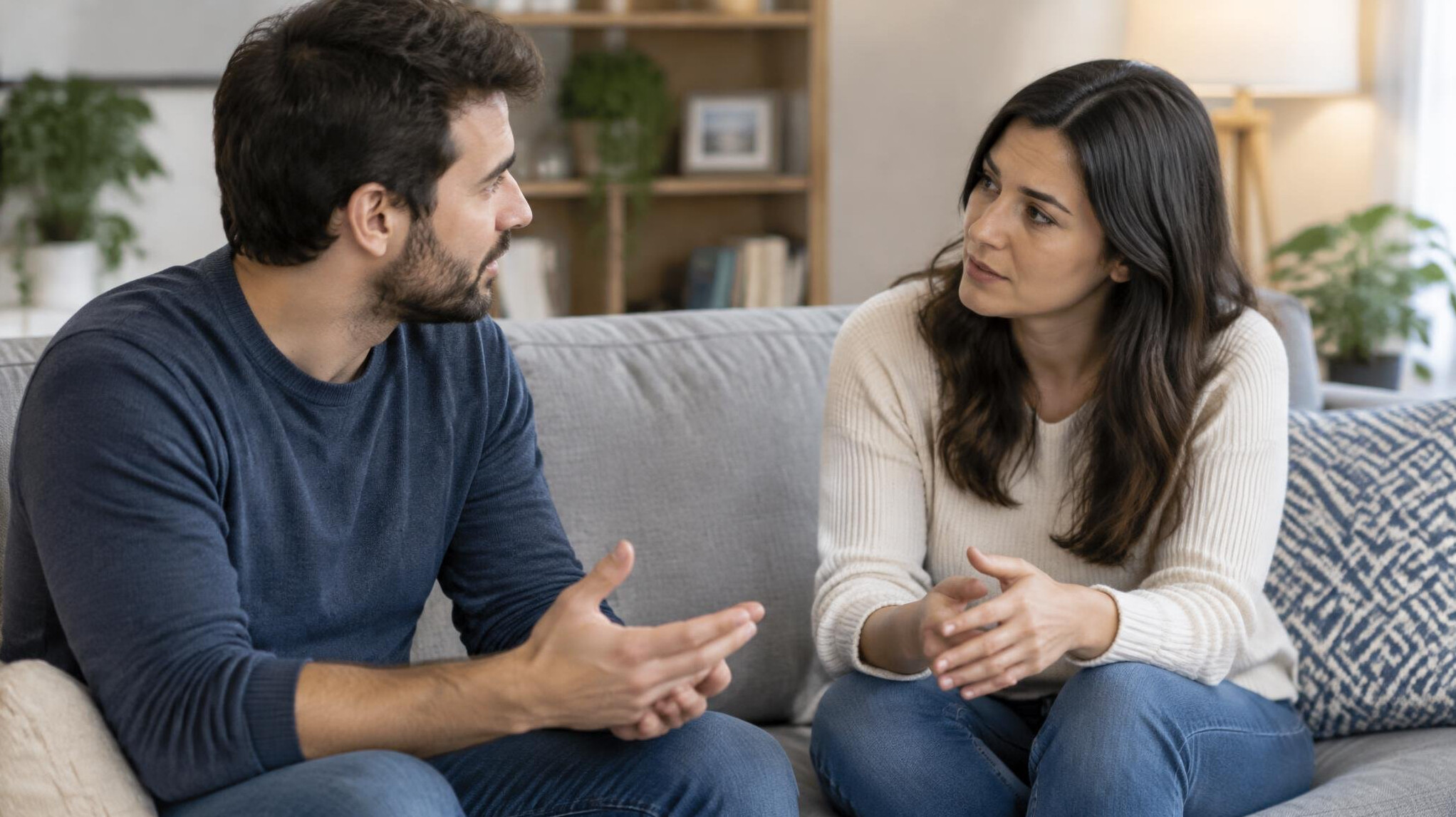 couple talking on couch