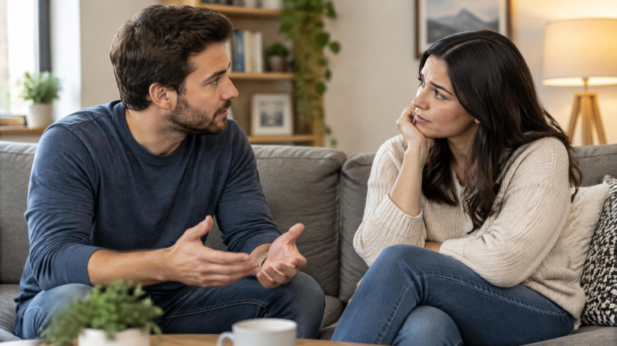 couple talking on couch